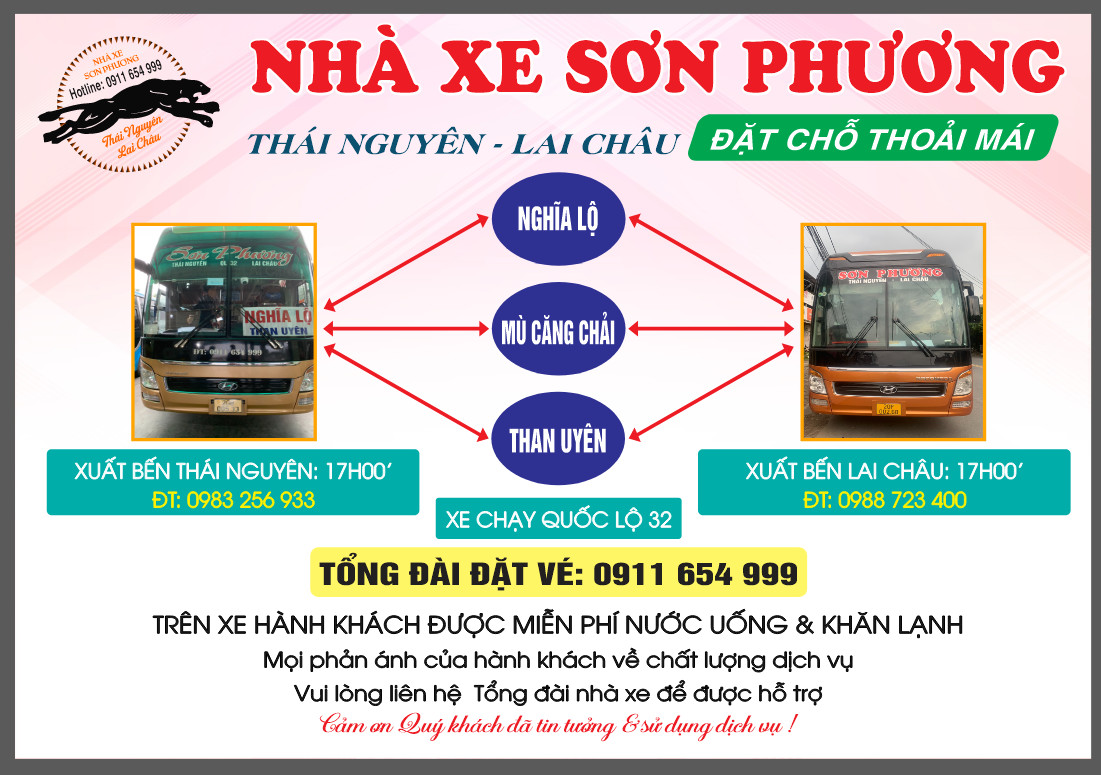 Hướng dẫn đặt xe Thái Nguyên - Yên Bái - Nghĩa Lộ - Nhà xe Sơn Phương